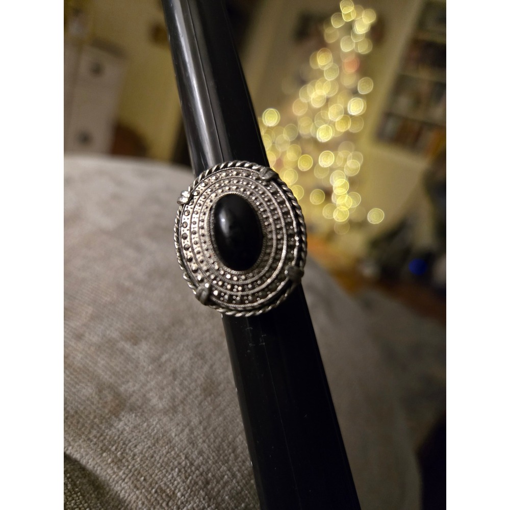 Silvertone Faux Onyx Ring Sz 7.25 Vintage